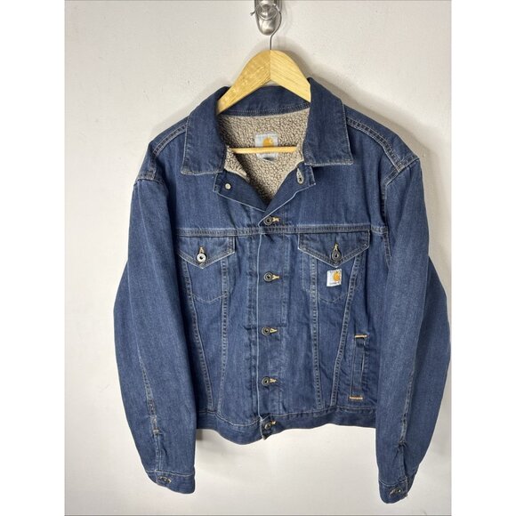 Carhartt Sherpa Lined Denim Jacket Men’s L Blue Jean Trucker J292 ABL - Picture 1 of 6